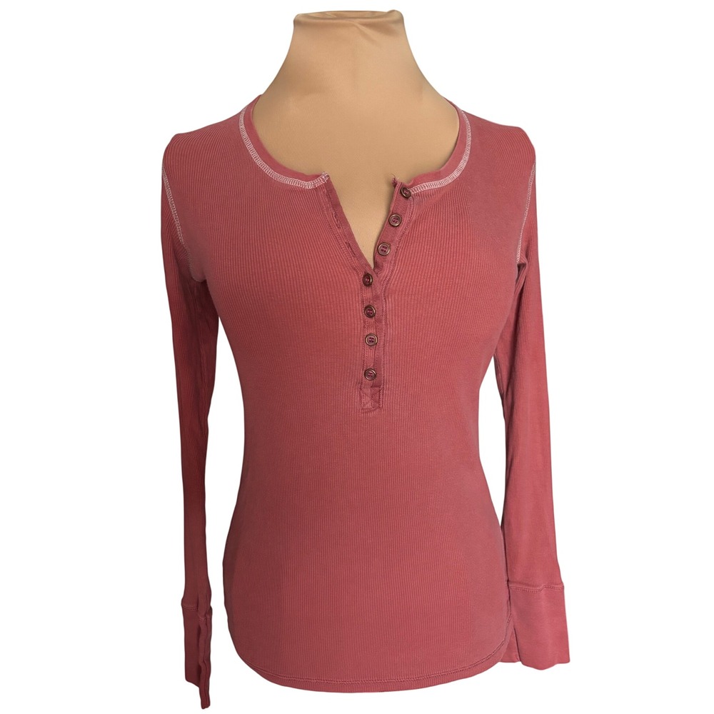 Moda International Y2K Women Mauve Ribbed Cotton Long Sleeve Henley Top Size M